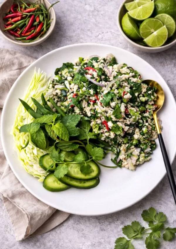 Thai Chicken Larb Salad on plate with assorted green vegetables to serve with it.