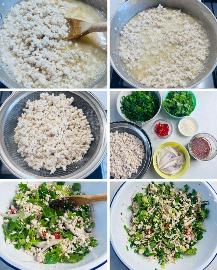steps on cooking chicken larb salad
