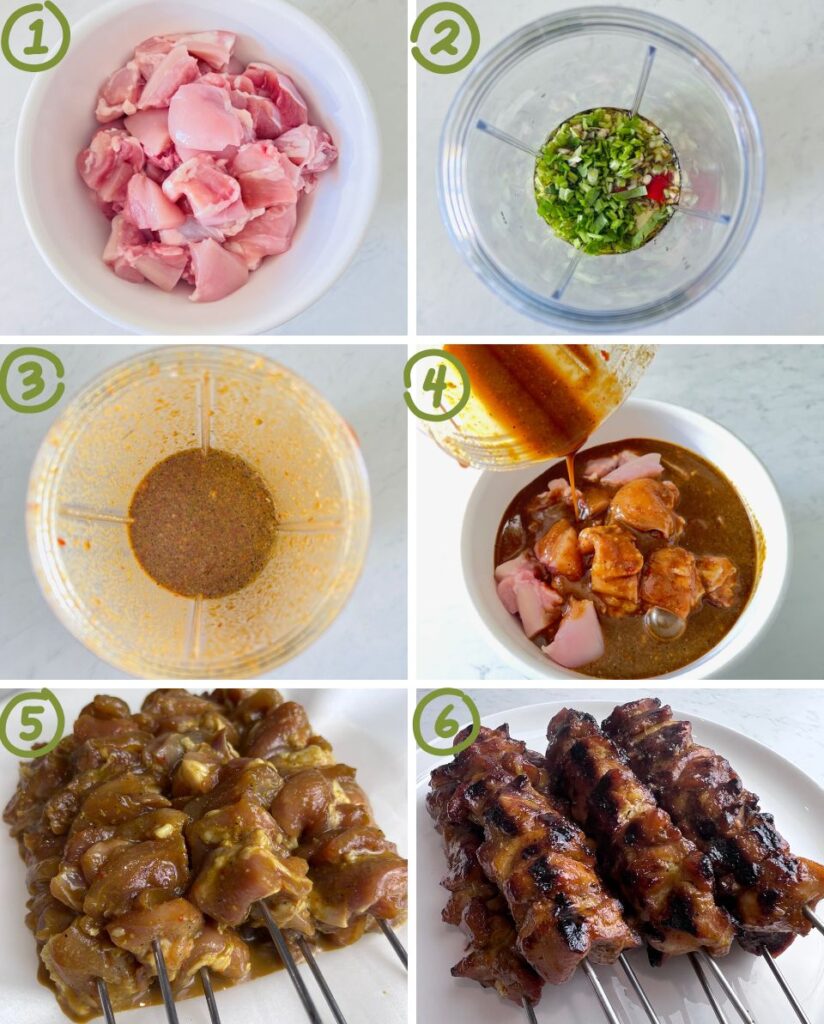 6 Steps on preparing the Grilled Thai Chicken Skewers. 