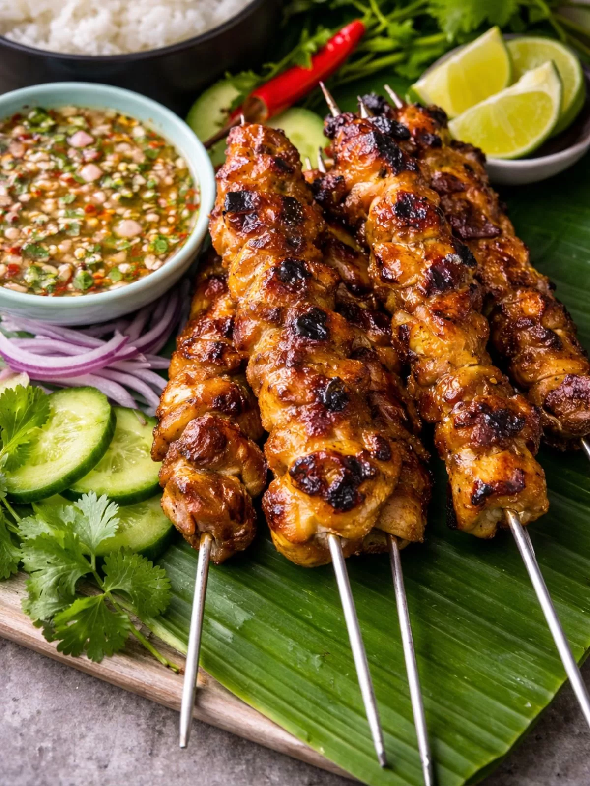 Gilled chicken skewers on a banana leafwith rice and dipping sauce