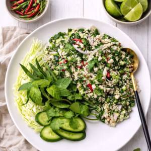 Overhead view of Thai chicken larb on a white plate with cucumber slices, cabbage, mint, red chilli, and herbs on a white timber surface with lime wedges and fresh chillies in small bowls.