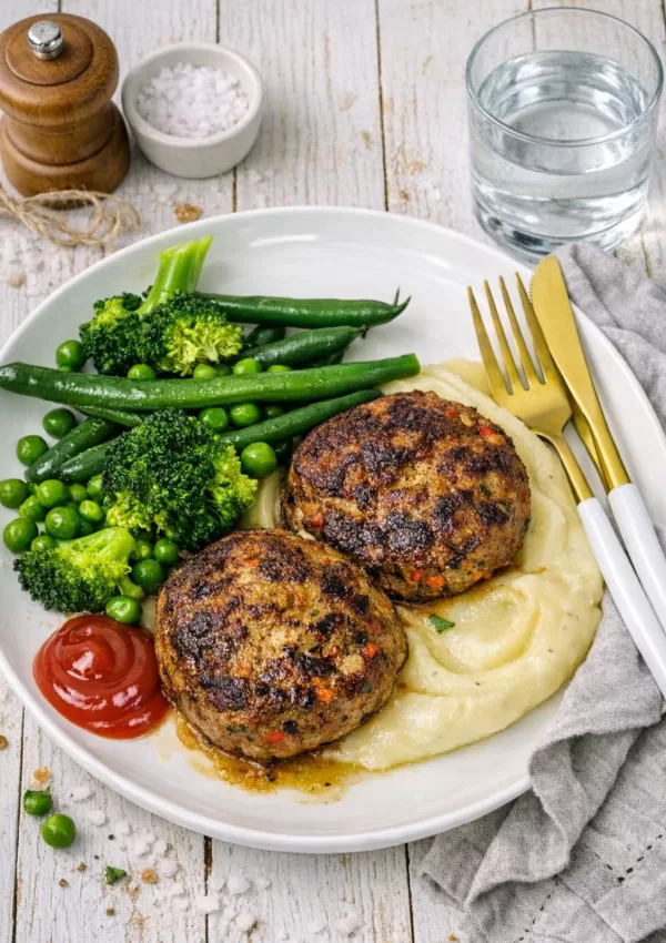 Beef and vegetable rissoles served on creamy mashed potatoes with broccoli, green beans and peas, plus a dollop of tomato sauce, styled on a white timber table with a napkin, cutlery and a glass of water.