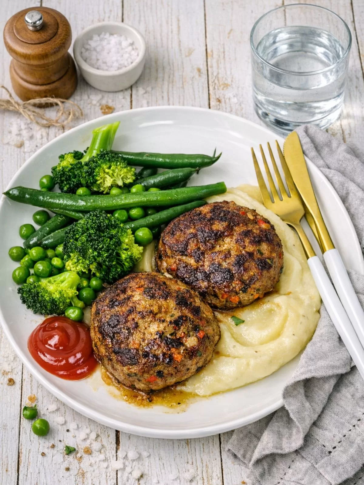 Beef and vegetable rissoles served on creamy mashed potatoes with broccoli, green beans and peas, plus a dollop of tomato sauce, styled on a white timber table with a napkin, cutlery and a glass of water.