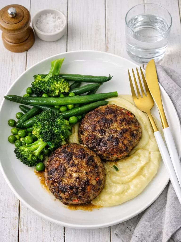 beef and hidden veggie rissoles on a white plate with fork, napkin on white timber background.