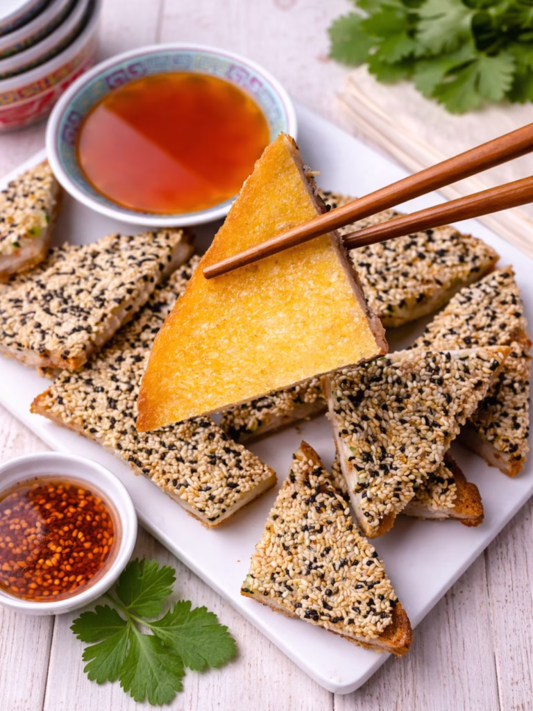 Chopsticks holding a crispy sesame prawn toast triangle above a plate of prawn toast with dipping sauce on a white timber table.