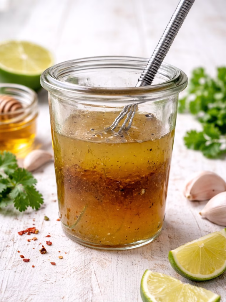 Honey lime dressing in a glass jar with a whisk on a white timber table, surrounded by lime wedges, honey, garlic, coriander, and chilli flakes in bright natural light.
