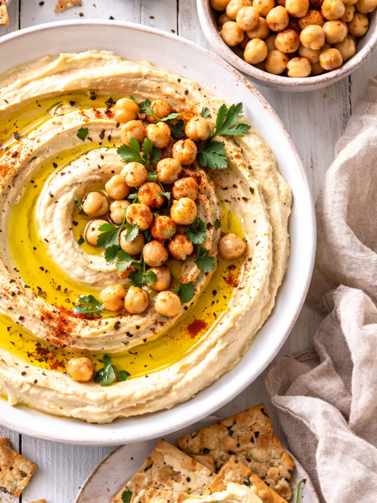 Overhead view of creamy hummus swirled with olive oil and topped with spiced chickpeas and parsley on a white plate.