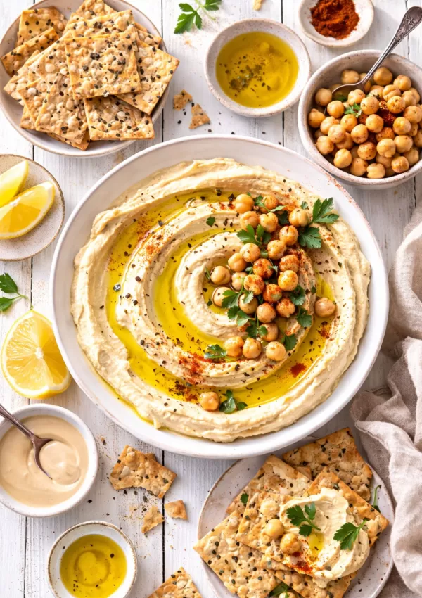 Overhead view of creamy hummus swirled with olive oil and topped with spiced chickpeas and parsley on a white plate, surrounded by seeded crackers, lemon wedges, and small bowls of olive oil, tahini and paprika on a white timber table.
