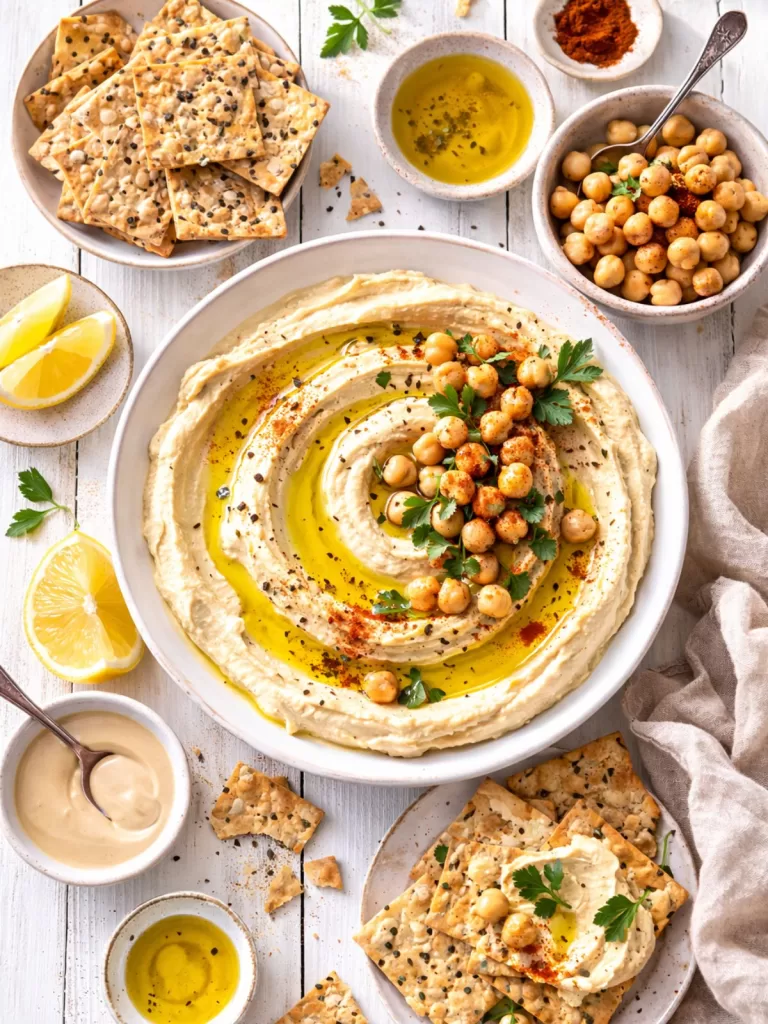 Overhead view of creamy hummus swirled with olive oil and topped with spiced chickpeas and parsley on a white plate, surrounded by seeded crackers, lemon wedges, and small bowls of olive oil, tahini and paprika on a white timber table.