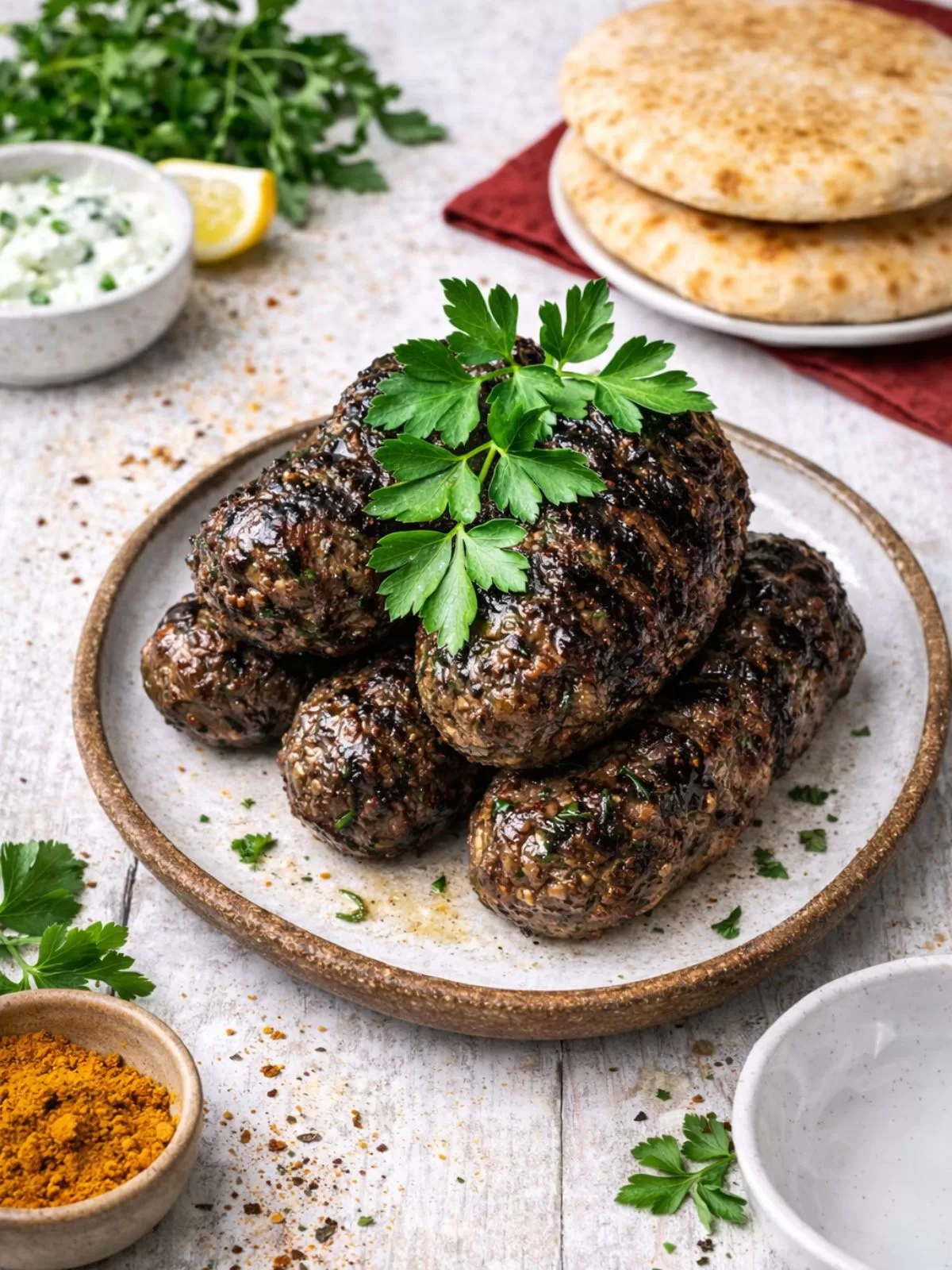 Grilled Middle Eastern lamb koftas on a ceramic plate with fresh parsley, served on a white timber table alongside pita bread and tzatziki