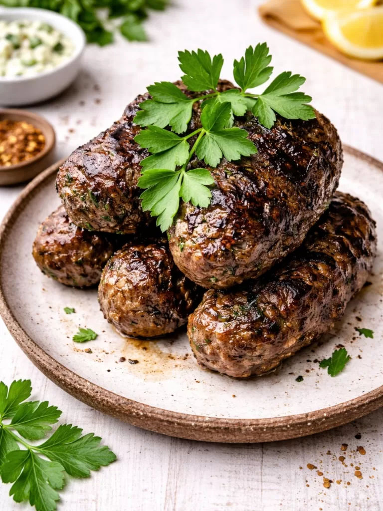 Middle Eastern lamb koftas on a ceramic plate garnished with parsley