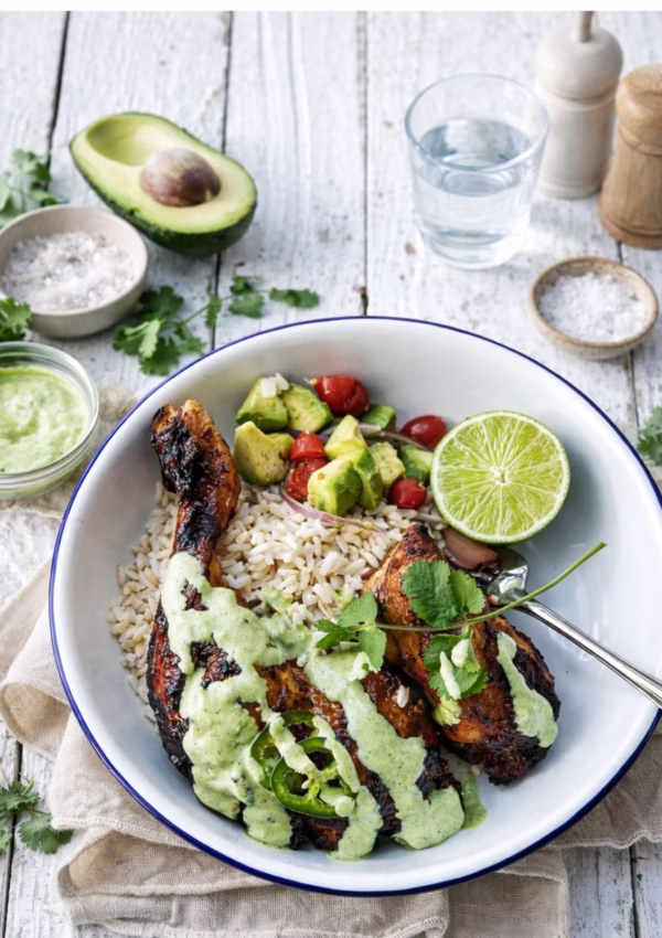 Peruvian Chicken with Green Sauce in a bowl with avocado salsa, brown rice and lime. Napkin underneath the plate