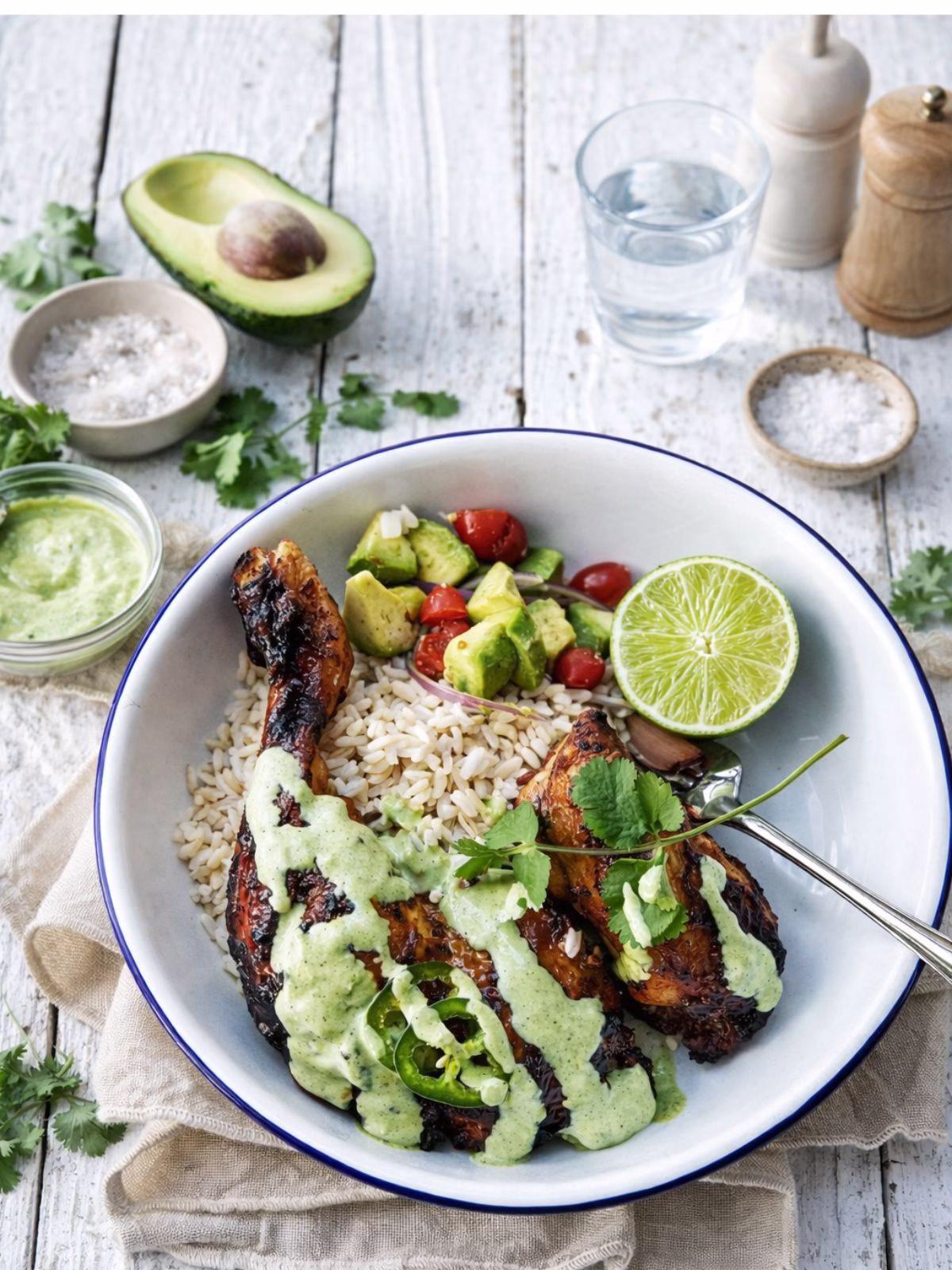 Peruvian Chicken with Green Sauce in a bowl with avocado salsa, brown rice and lime. Napkin underneath the plate