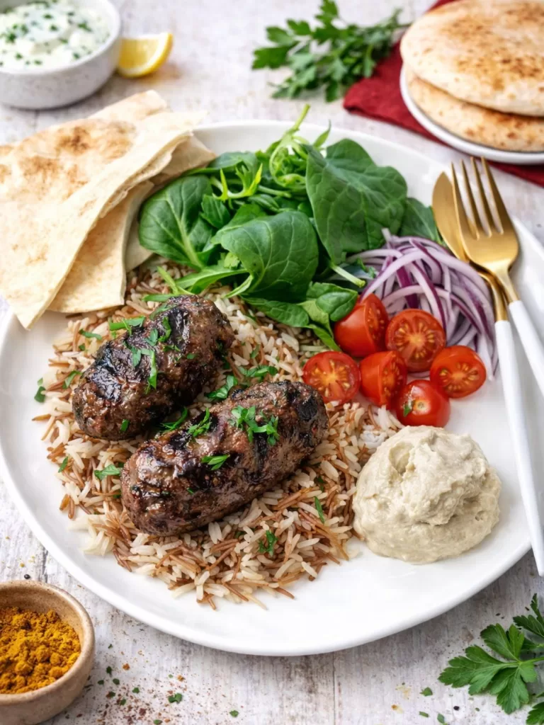 Lamb koftas served over rice with hummus, pita bread, cherry tomatoes, red onion and fresh greens on a white plate