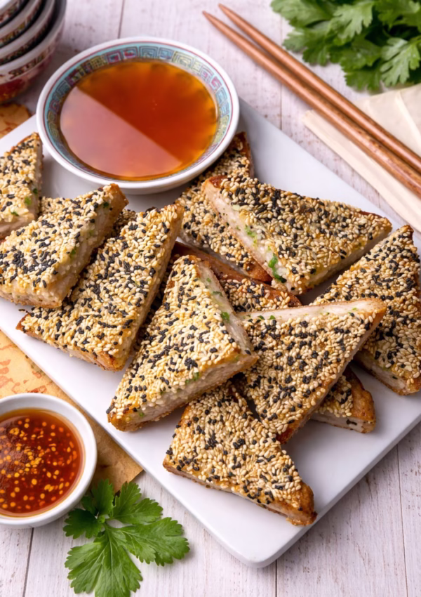 Sesame prawn toast cut into triangles on a plate with sweet chilli dipping sauce, chopsticks, and coriander on a white timber table.