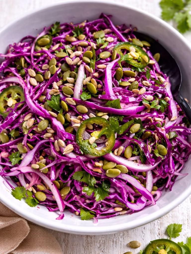 Close up of red cabbage salad with sliced jalapeno, red onion, pumpkin seeds, sunflower seeds, and fresh herbs in a white bowl on a white timber table in natural light.