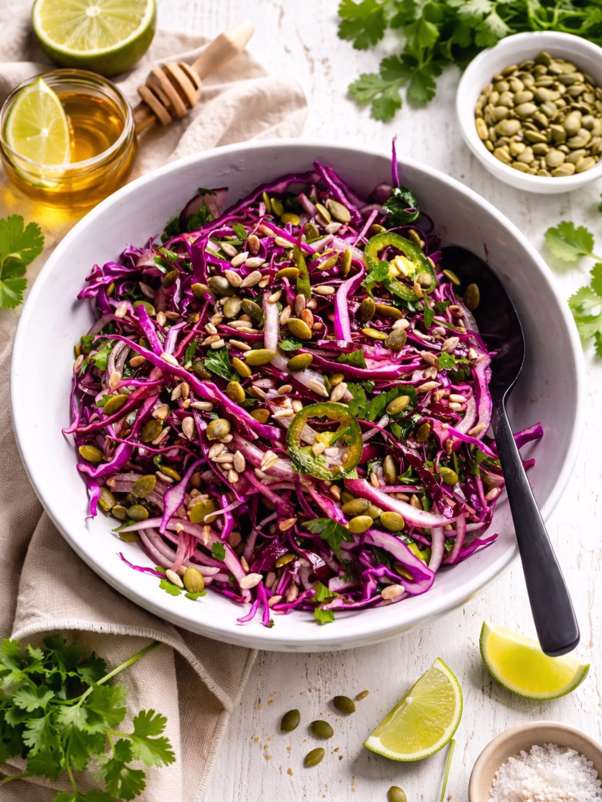 Red cabbage salad with honey and lime dressing in a white bowl on a white timber table, topped with pumpkin seeds, sunflower seeds, sliced jalapeno, red onion, and fresh herbs, with lime wedges, honey, and coriander as props in soft natural light.