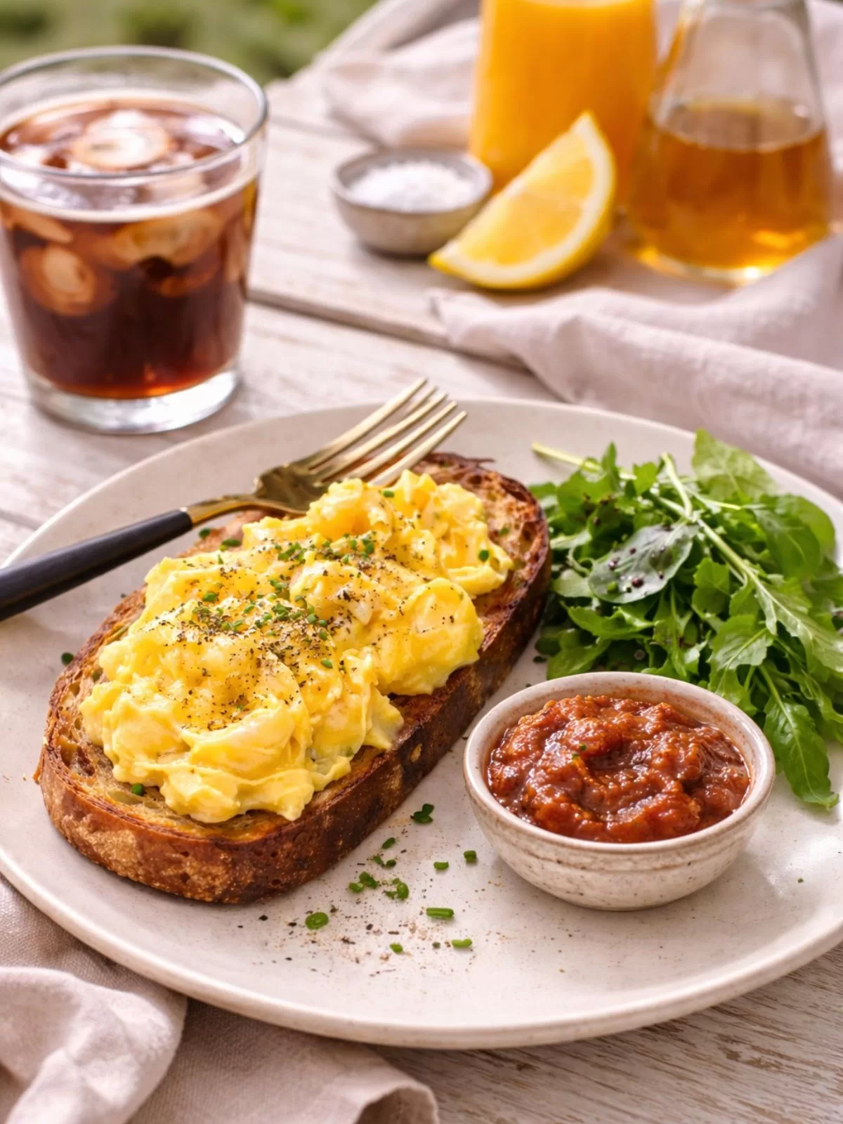 Scrambled eggs on sourdough toast with tomato chutney and fresh greens on a plate, served with iced coffee and orange juice in the background.
