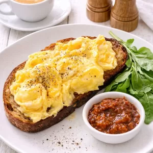 Scrambled eggs on toasted sourdough served with tomato chutney and fresh greens on a white plate, with a cappuccino and salt and pepper shakers in the background.
