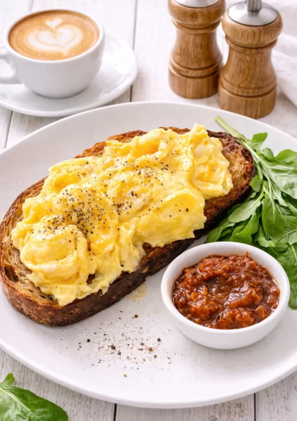 Scrambled eggs on toasted sourdough served with tomato chutney and fresh greens on a white plate, with a cappuccino and salt and pepper shakers in the background.