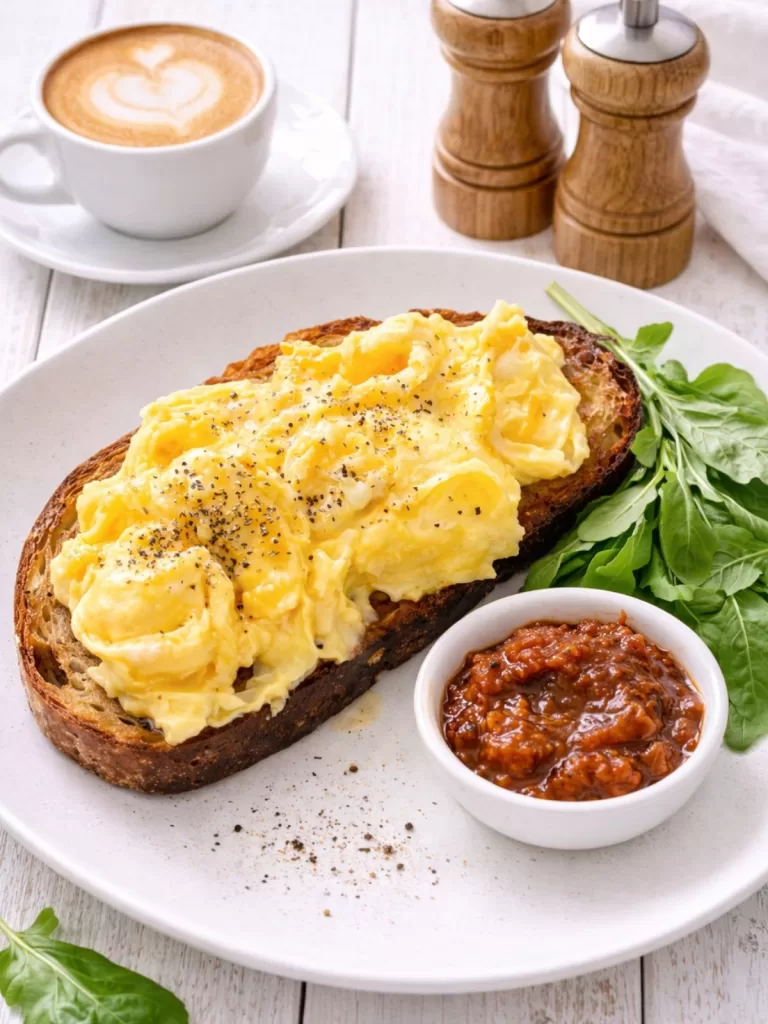 Scrambled eggs on toasted sourdough served with tomato chutney and fresh greens on a white plate, with a cappuccino and salt and pepper shakers in the background.