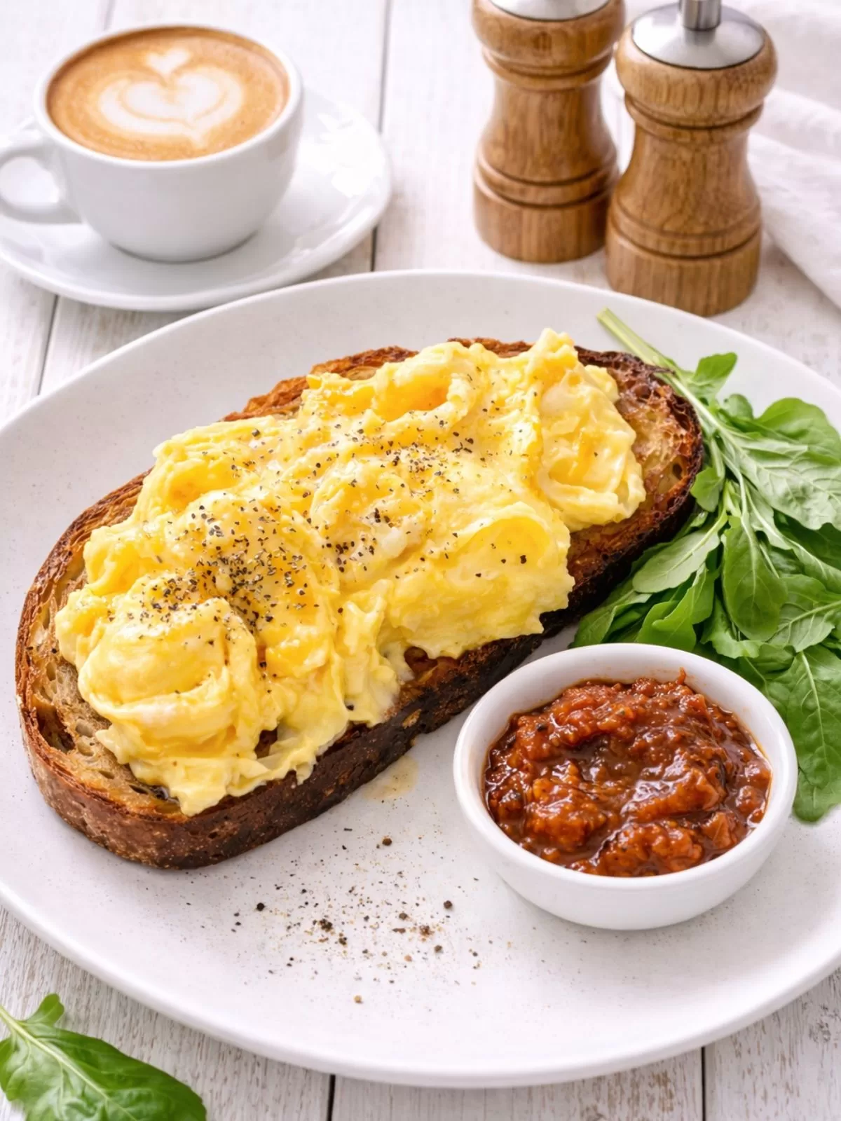 Scrambled eggs on toasted sourdough served with tomato chutney and fresh greens on a white plate, with a cappuccino and salt and pepper shakers in the background.