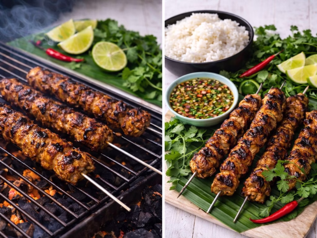 Thai grilled chicken skewers sizzling on a charcoal grill beside a plated serving of caramelised Thai chicken satay on a banana leaf with dipping sauce, rice, fresh herbs and chillies.