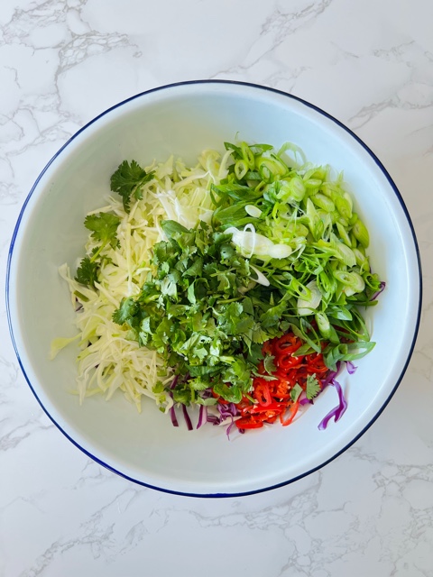 shredded cabbage, chilli and coriander in white enamel bowl on marble bench
