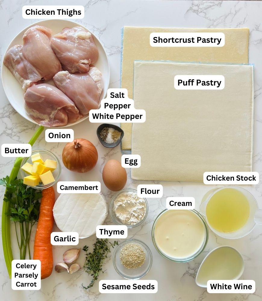chicken & camembert pies ingredients board.
chicken thighs, butter, onion, camembert, egg, flour, cream, celery, parsely, carrot, garlic, sesame seeds, white wine, chicken stock, puff pastry, shortcrust pastry, salt and pepper