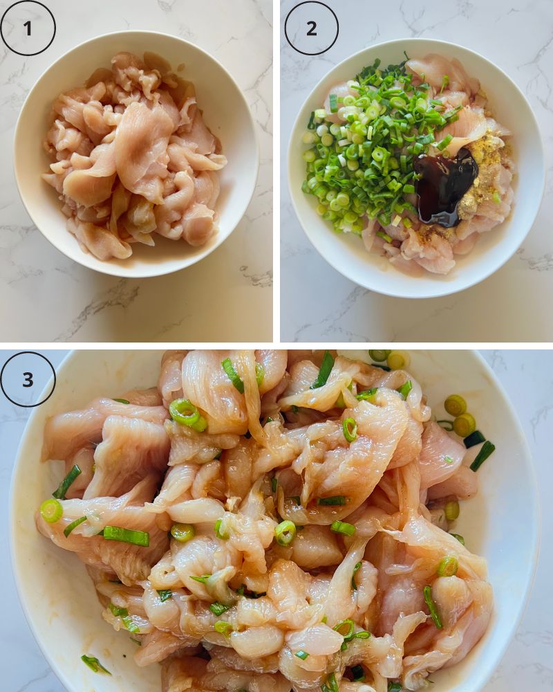 3 Steps for making the filling for spring roll wrappers.
1 - sliced chicken breat in white bowl
2 - sliced chicken breast in white bowl with sliced spring onion and sauces and chicken stock powder
3 - the filling combined in a white bowl