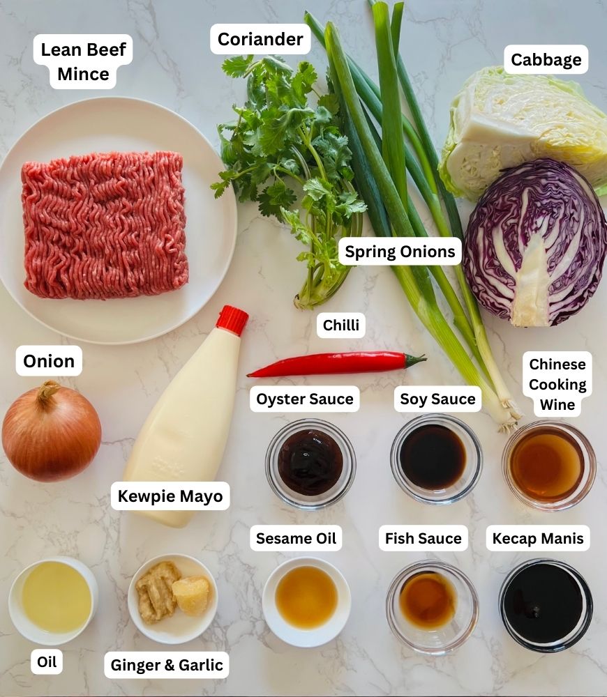 ASIAN BEEF BOWL INGREDIENTS BOARD:INGREDIENTS LAID OUT ON MARBLE BENCH TOP AS IS:
LEAN BEEF MINCE
CORIANDER
CABBAGE
SPRING ONIONS
CHILLI
KEWPIE MAYO
ONION
GARLIC
GINGER
OYSTER SAUCE
SOY SAUCE
CHINESE COOKING WINE
OIL
SESAME OIL
FISH SAUCE
KECAP MANIS