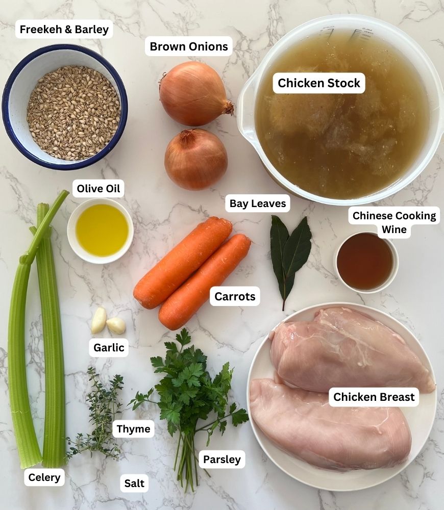 Chicken, Barley & Freekeh Soup Ingredients board. Freekeh & Barley, brown onions, chicken stock, olive oil, bay leaves, thyme, parsley, Chinese cooking wine, chicken breast, celery and salt
