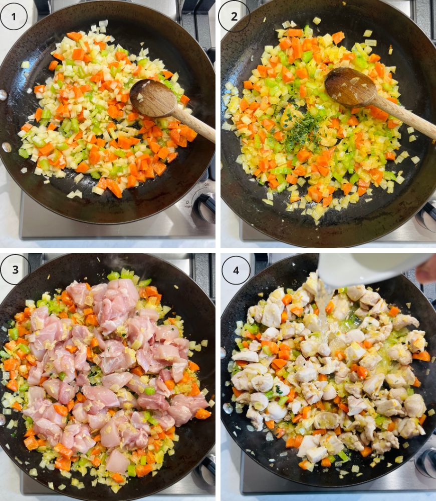4 step by step to cooking chicken pie filling. Cooking onions, celery, garlic, chicken