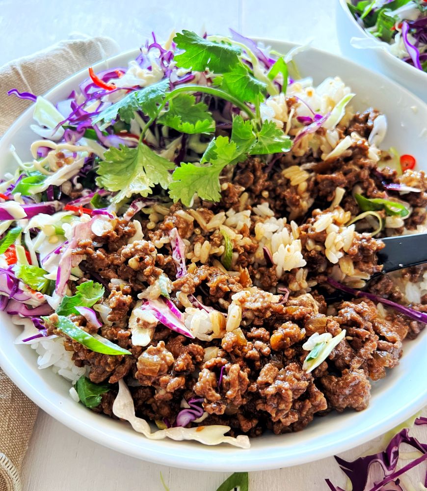 bowl of crunchy asian beef mince in white bowl