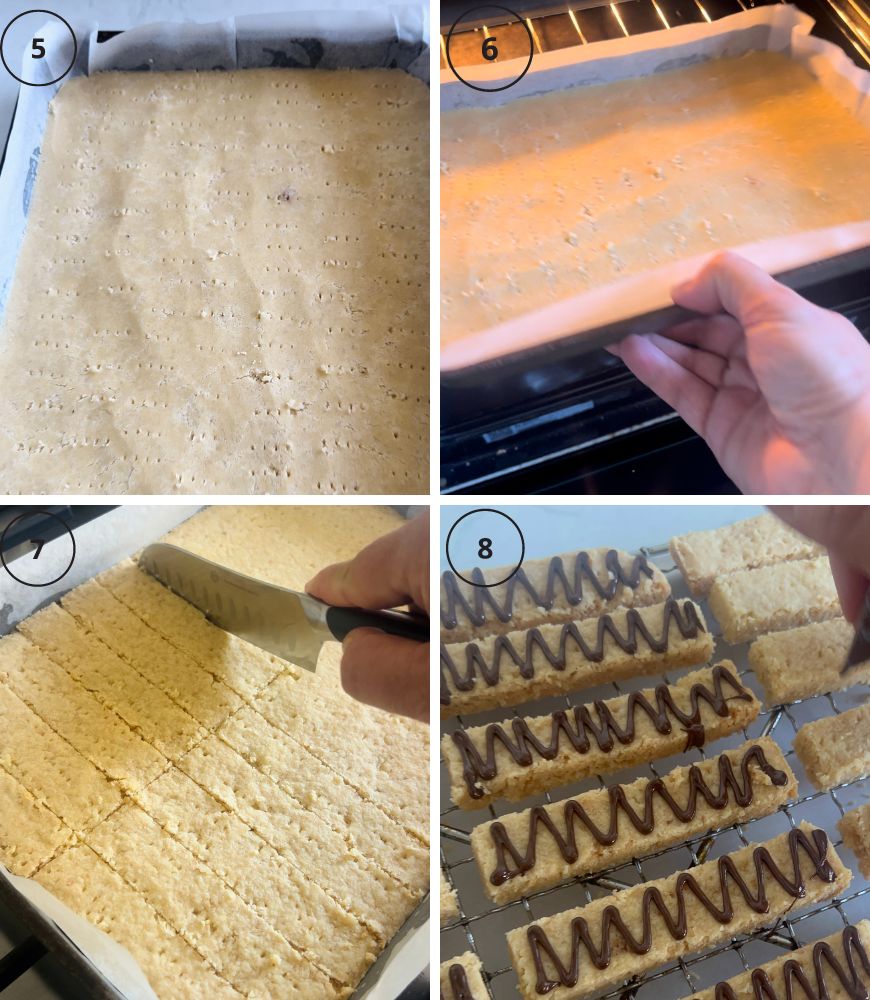 second step by step shortbread. Pricking the dough, cutting the dough, baking the dough, drizzling the fingers with chocolate