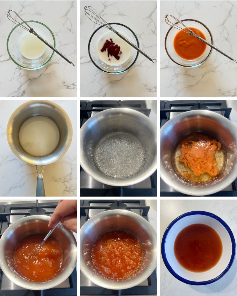 step by step 
Mixing cornflour and tomato sauce
Boiling sugar, water and vinegar then combining it all together