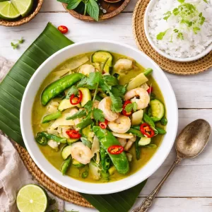 Thai green prawn curry in a white bowl with shrimp, zucchini, snow peas and red chilli, served on a white wooden table with jasmine rice, lime wedges and fresh herbs.