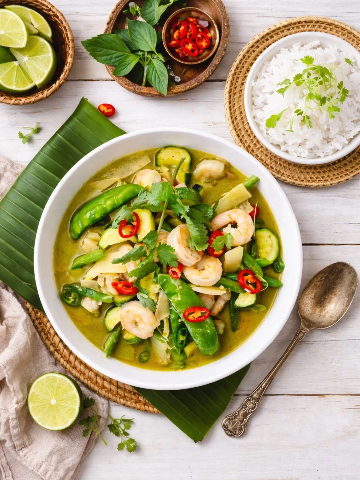 Thai green prawn curry in a white bowl with shrimp, zucchini, snow peas and red chilli, served on a white wooden table with jasmine rice, lime wedges and fresh herbs.
