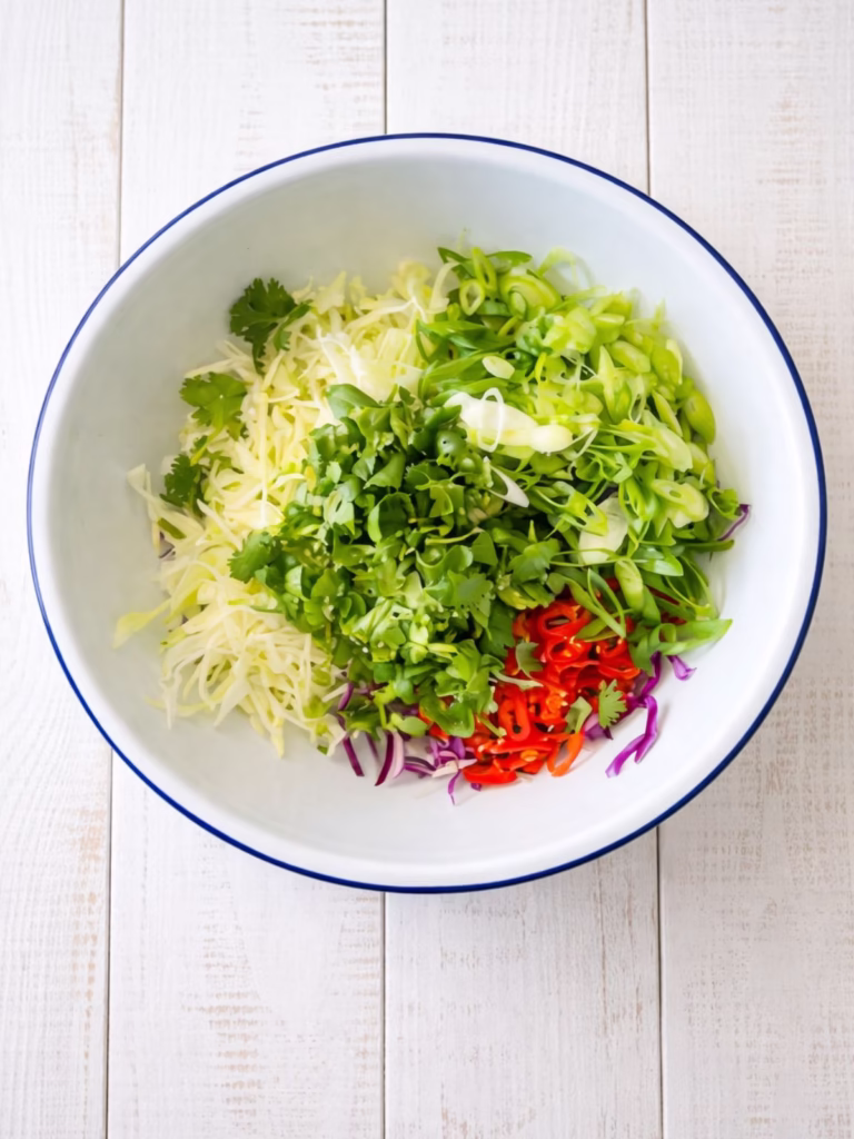 Overhead view of fresh Asian style slaw prep in a white enamel bowl with shredded cabbage, spring onions, coriander and red chilli on a white timber background