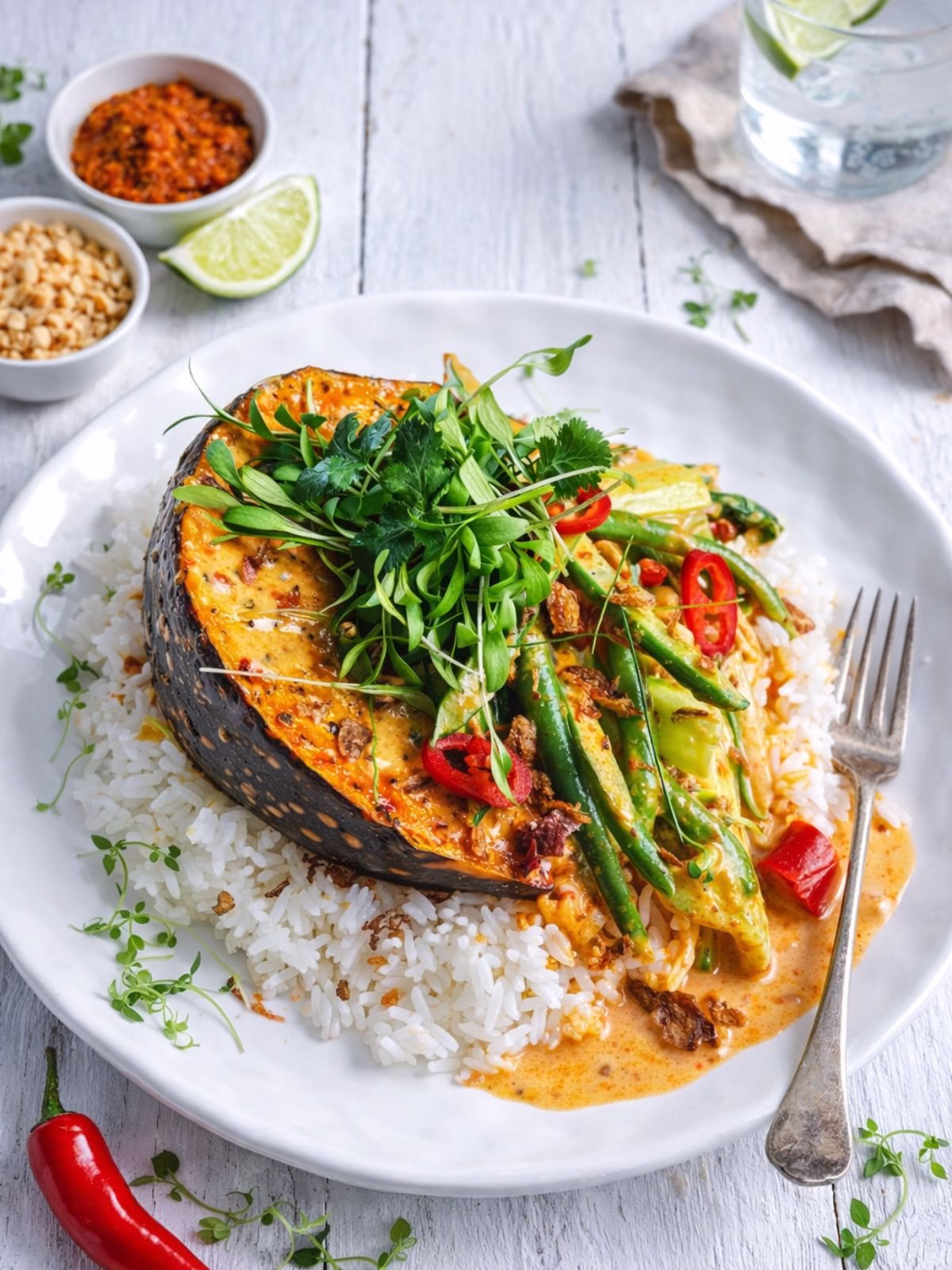 Baked pumpkin Thai red curry served over jasmine rice with green beans, bok choy, sliced red chilli, fresh herbs, and creamy curry sauce on a white plate, styled on a white timber table with natural light.