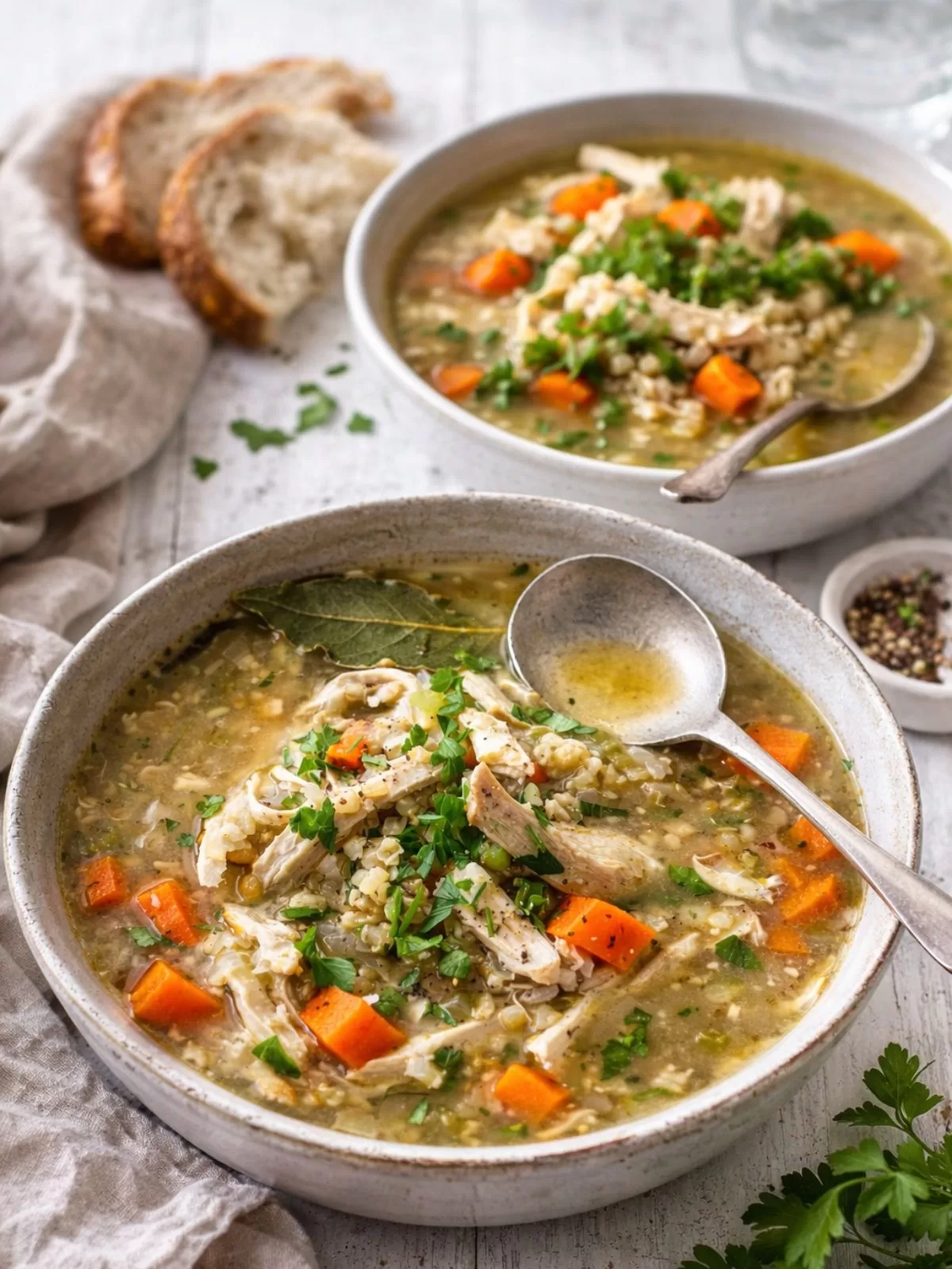 Two bowls of chicken soup on a white timber table, with the front bowl in focus and the second bowl softly blurred in the background.