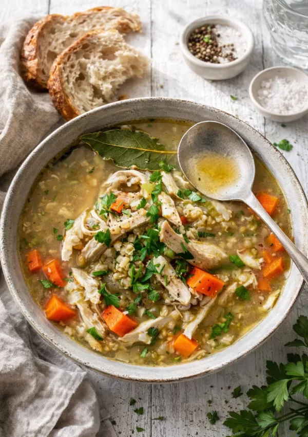 Chicken, barley and freekeh soup in a rustic bowl on a white timber background, topped with parsley and served with crusty bread.