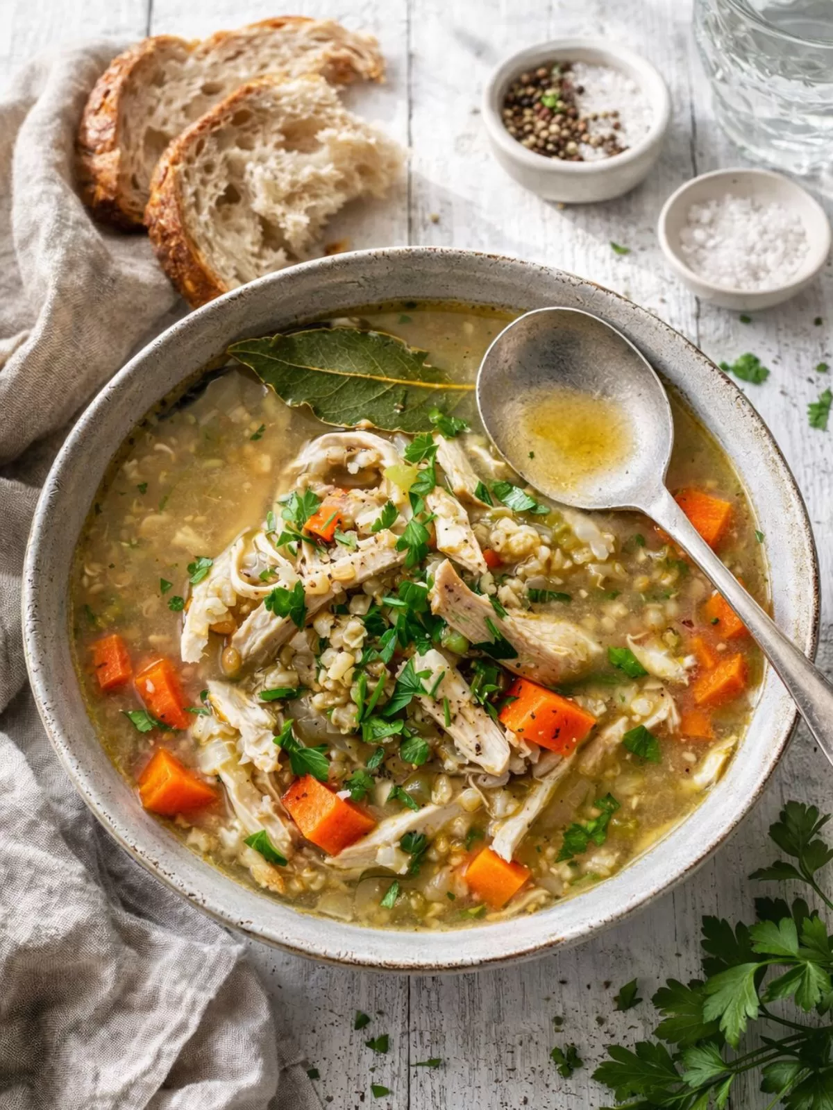 Chicken soup with ancient grains in a rustic bowl on a white timber background, topped with parsley and served with crusty bread.