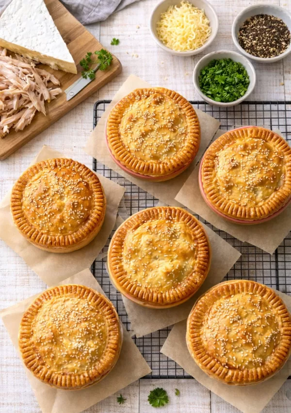 Flat lay of golden chicken and Camembert pies topped with sesame seeds, arranged on baking paper over a cooling rack on a white timber surface, with small bowls of herbs, pepper, grated cheese, shredded chicken and a wedge of Camembert styled around them in natural light.