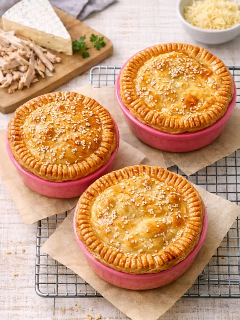 Golden chicken and Camembert pies in pink ramekins, topped with sesame seeds, photographed flat lay on a white timber surface with shredded chicken and cheese in the background.