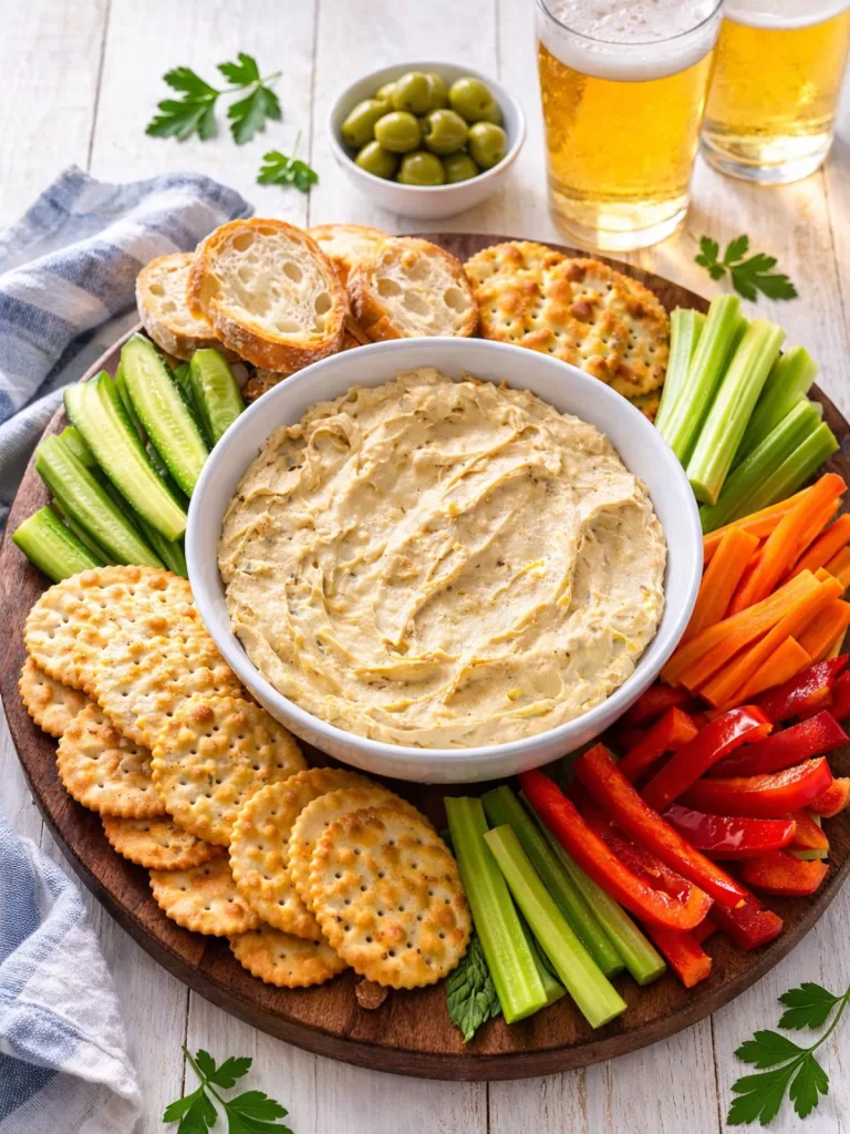 Creamy dip in a white bowl on a round wooden board, surrounded by crackers, sliced baguette, cucumber sticks, celery, carrot batons and red capsicum, set on a white timber table with glasses of beer and a bowl of green olives in the background.