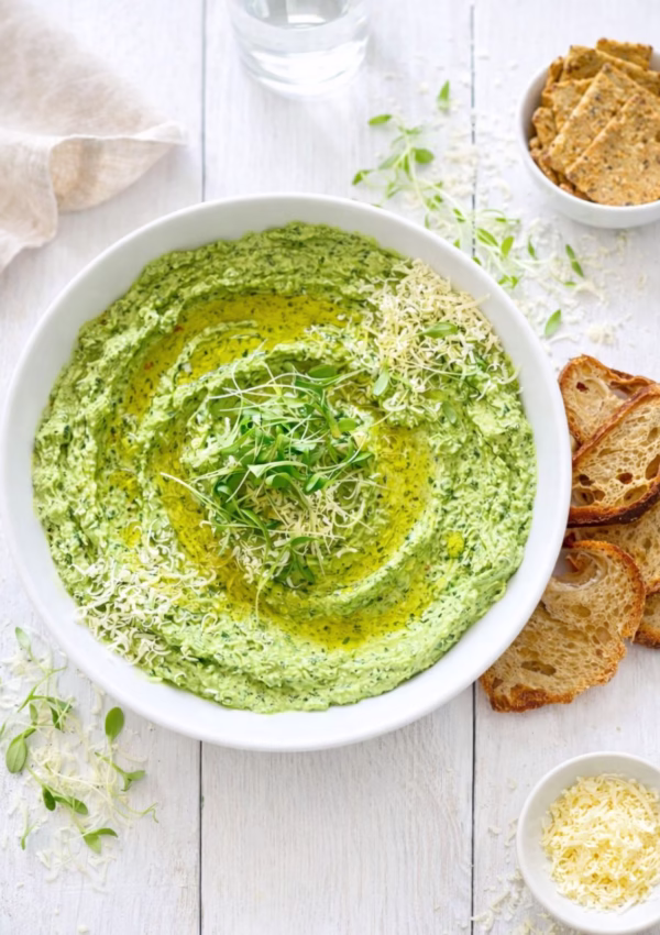 Creamy fresh spinach dip in a white bowl topped with olive oil, parmesan, and microgreens served with toasted sourdough on a white timber table