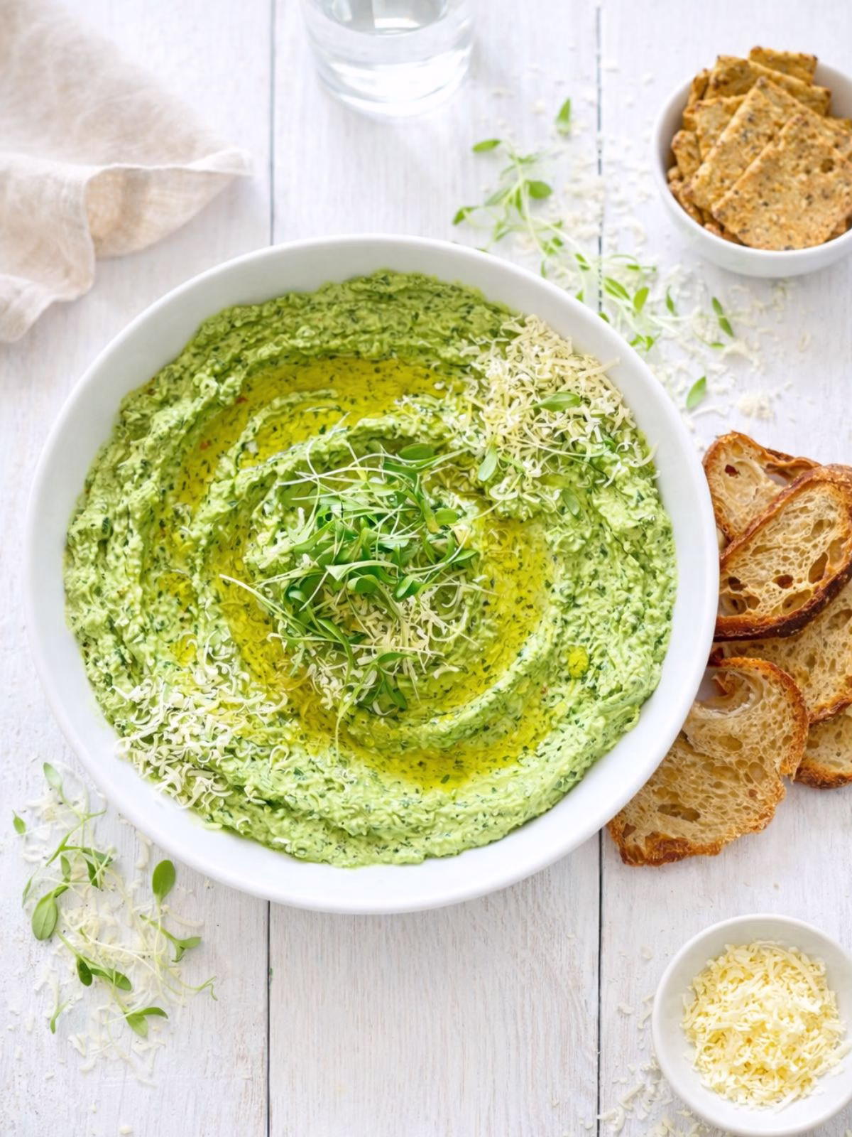 Creamy fresh spinach dip in a white bowl topped with olive oil, parmesan, and microgreens served with toasted sourdough on a white timber table