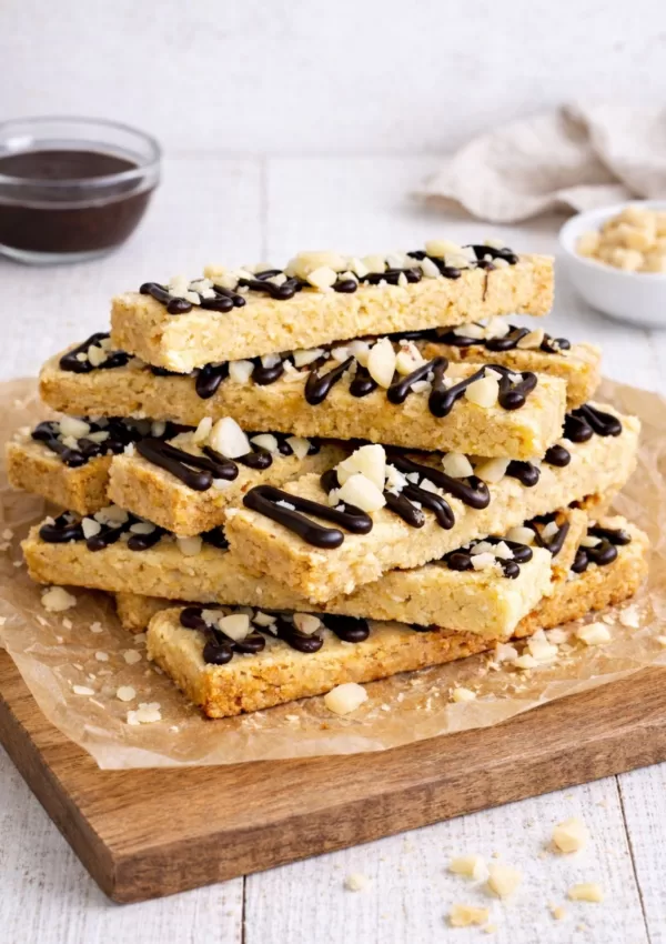 Macadamia nut shortbread fingers stacked on parchment over a wooden board, drizzled with dark chocolate and sprinkled with chopped macadamias, set on a white timber background with bowls of chocolate and nuts softly blurred behind.