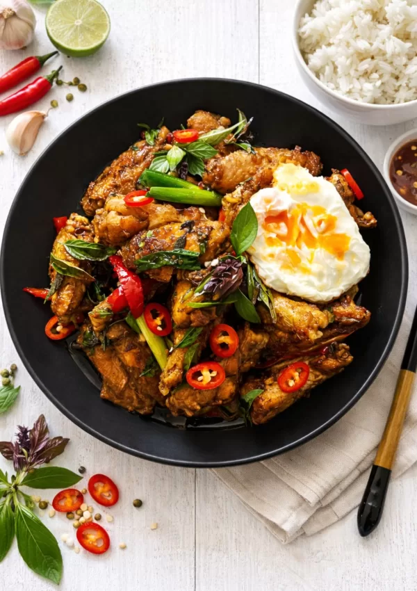Thai basil chicken wings in a black bowl, glazed and topped with fresh basil, sliced red chillies, and spring onions, served with a runny fried egg on top. The bowl sits on a bright white timber background with natural light, alongside a small bowl of rice and chilli dipping sauce.